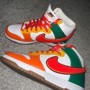 Nike Dunks Kids High-Top Sneakers in Orange, Red, Green and White
